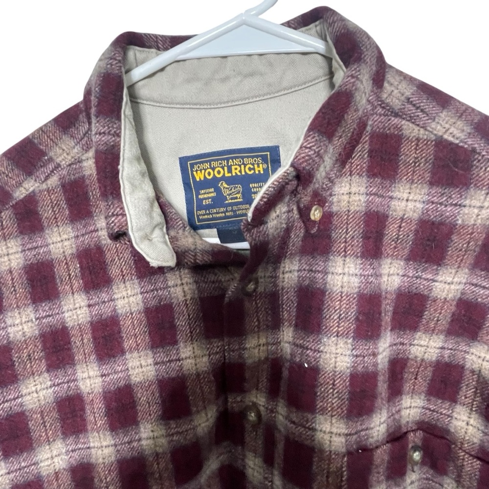 Vintage 80s-2000 Woolrich Burgundy and Cream Heavy Flannel Board Shirt Men’s M - Picture 1 of 7